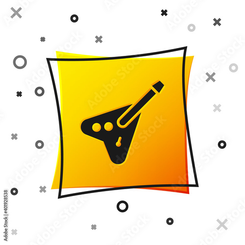 Black Electric bass guitar icon isolated on white background. Yellow square button. Vector.