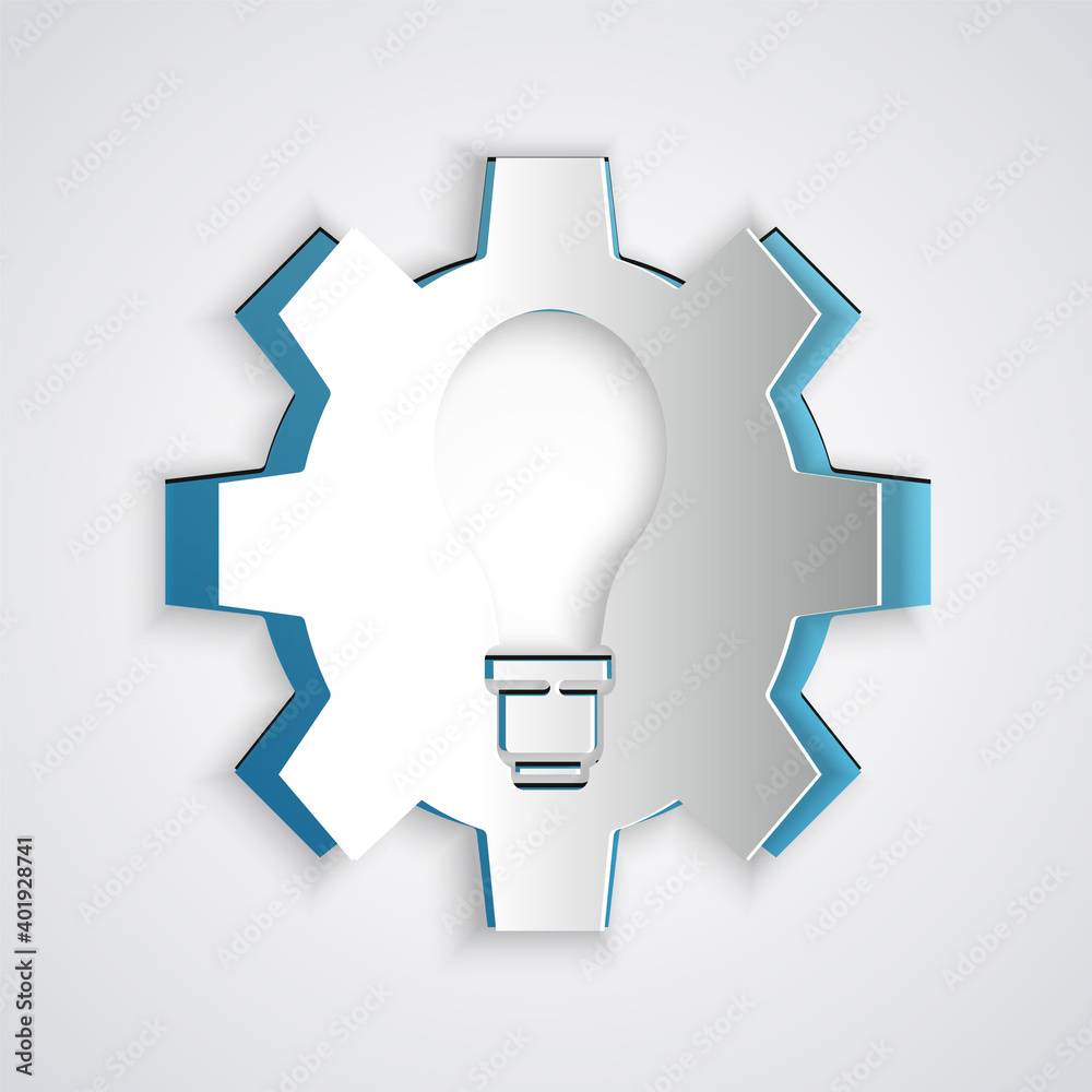 Paper cut Light bulb and gear icon isolated on grey background. Innovation concept. Business idea. Paper art style. Vector. Paper cut Light bulb and gear icon isolated on grey background. Innovation concept. Business idea. Paper art style. Vector.
