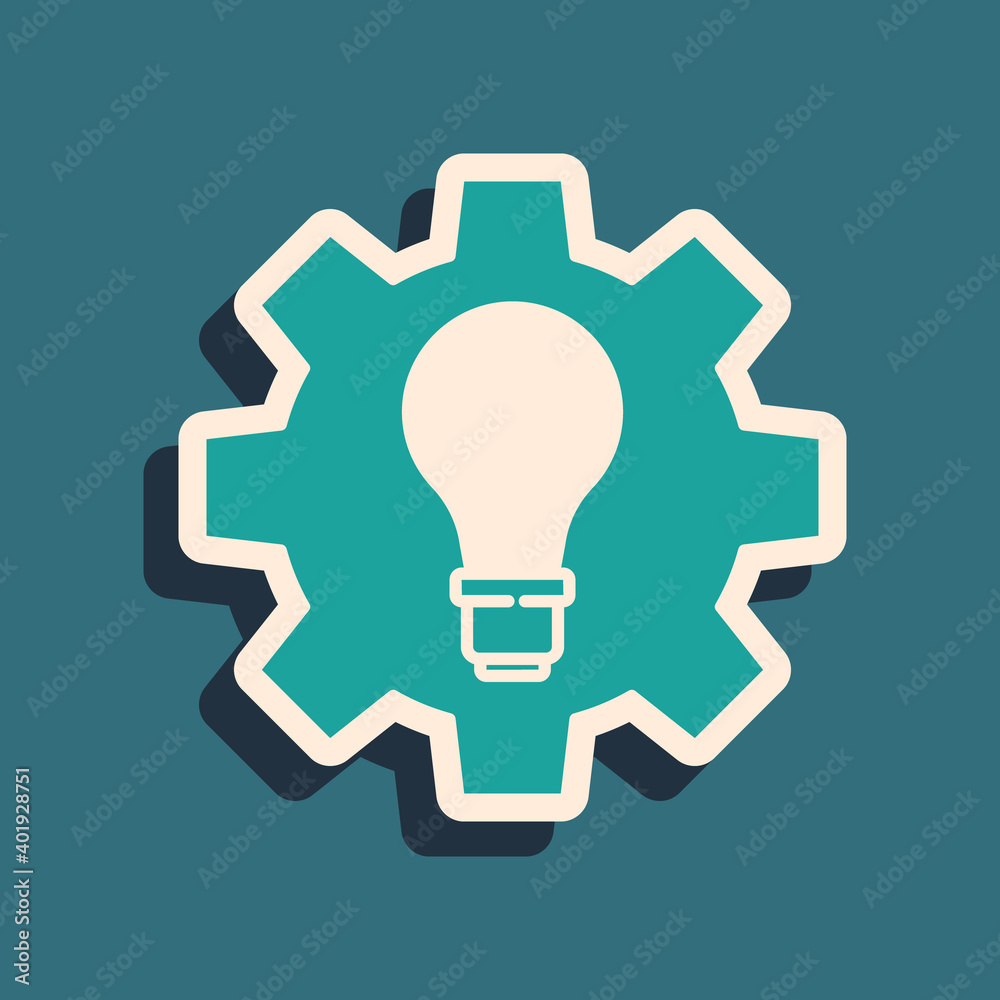 Green Light bulb and gear icon isolated on green background. Innovation concept. Business idea. Long shadow style. Vector. Green Light bulb and gear icon isolated on green background. Innovation concept. Business idea. Long shadow style. Vector.