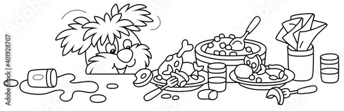 Merry and naughty shaggy dog in good mood going to dine and looking out from under a kitchen table with plates, black and white outline vector cartoon illustration