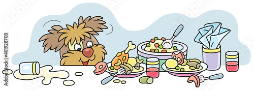 Merry and naughty shaggy dog in good mood going to dine and looking out from under a kitchen table with plates, vector cartoon illustration isolated on a white background
