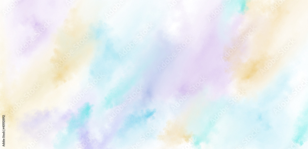 Abstract translucent watercolor background in purple, blue and yellow colors. Copy space, horizontal banner.