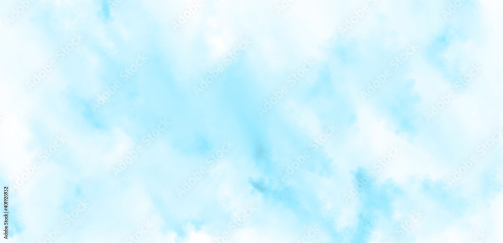 Abstract heavenly watercolor background in blue and white colors. Copy space, horizontal banner.