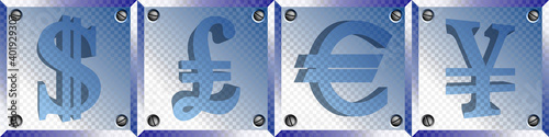 Set of square economic transparent icons. 3d symbols of dollar, pound, euro and yen. EPS10