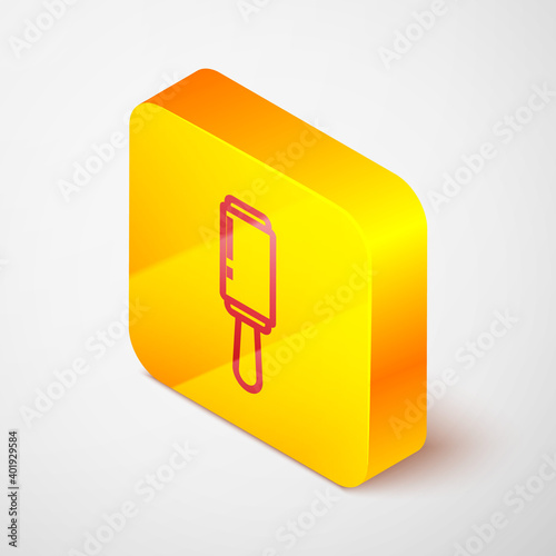 Isometric line Adhesive roller for cleaning clothes icon isolated on grey background. Getting rid of debris, dust, hair, fluff, pet wool. Yellow square button. Vector Illustration.