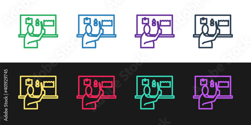 Set line Stop plastic pollution icon isolated on black and white background. Ecological poster. Vector Illustration.