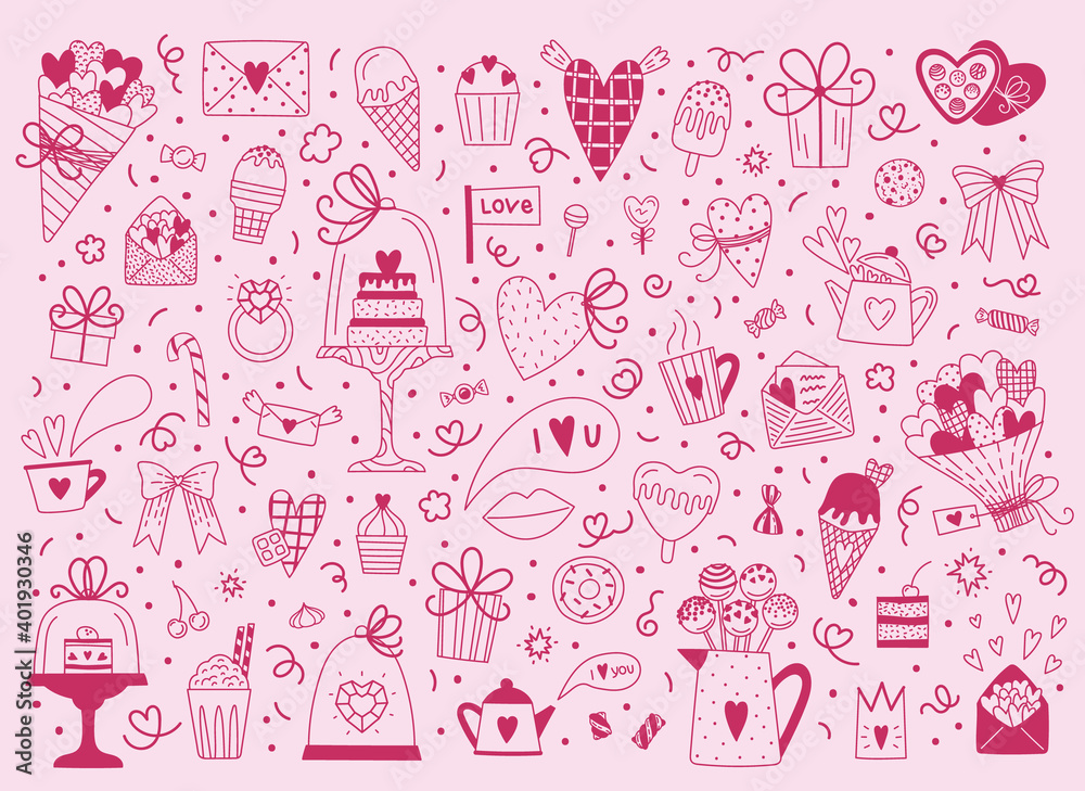 Big set of romantic elements for Valentine's day in pink colors. Hearts, sweets, flowers, cupcakes, gifts, ice cream and other cute items. Vector doodle illustrations for valentines day, stickers, etc