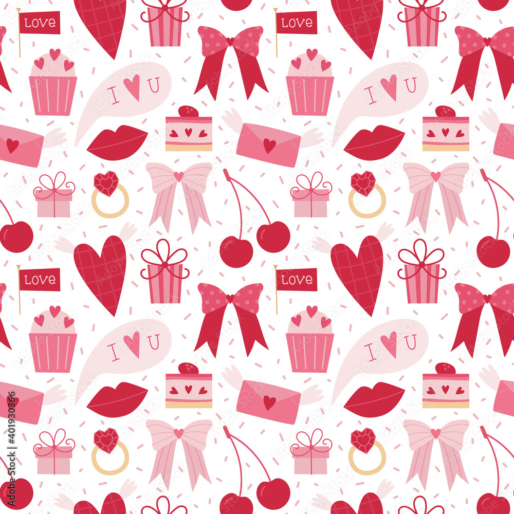 Valentine's Day seamless pattern with hearts, cherry, bow, lips, cake, cupcake, heart shaped diamond ring, gift box, letter envelope, talk cloud, sprinkles and confetti. Hot pink and pastel pink color Valentine's Day seamless pattern with hearts, cherry, bow, lips, cake, cupcake, heart shaped diamond ring, gift box, letter envelope, talk cloud, sprinkles and confetti. Hot pink and pastel pink color