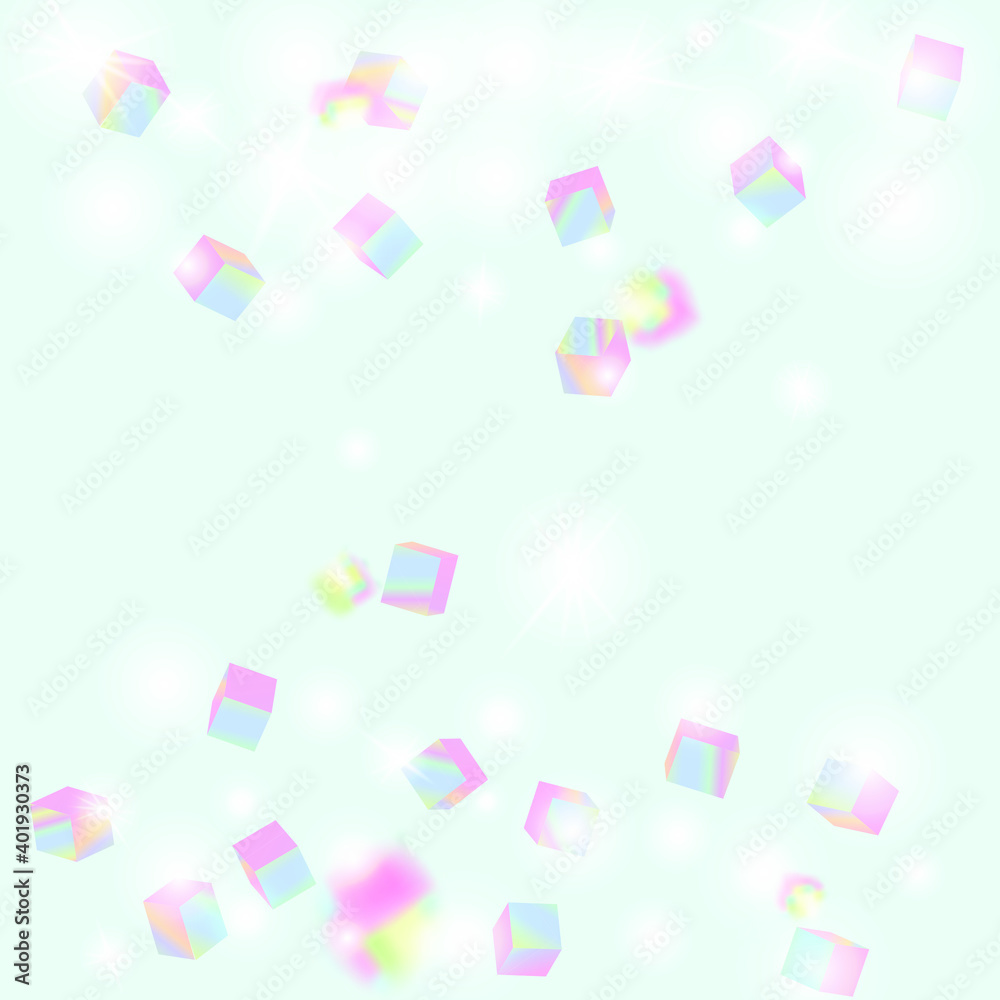 Chaotic Confetti Backdrop. Foil Border. Geometric Anniversary Card. Holo Confetti. Isolated Holographic Cube Particles. Birthday Card with Metallic Texture. Vector Square Bokeh. Iridescent Background.
