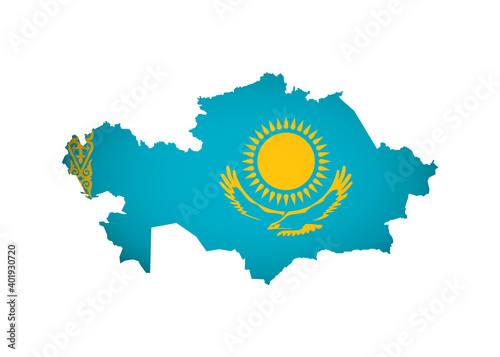 Vector isolated illustration with Kazakhstan flag (with gold sun, steppe eagle and national ornamental pattern) on Kazakh map (simplified). Volume shadow on the map. White background