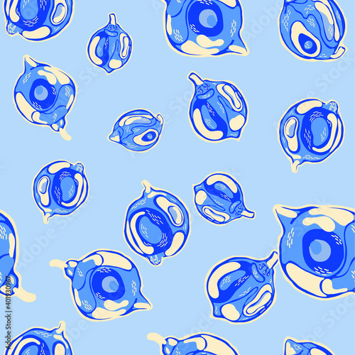 Modern Hand Drawn Background. Blue, Red and Yellow Lemon Seamless Pattern. Botanical Illustration. Psychedelic Citron Motif. Vector Summer Citrus Print. Simple Marker Lime.