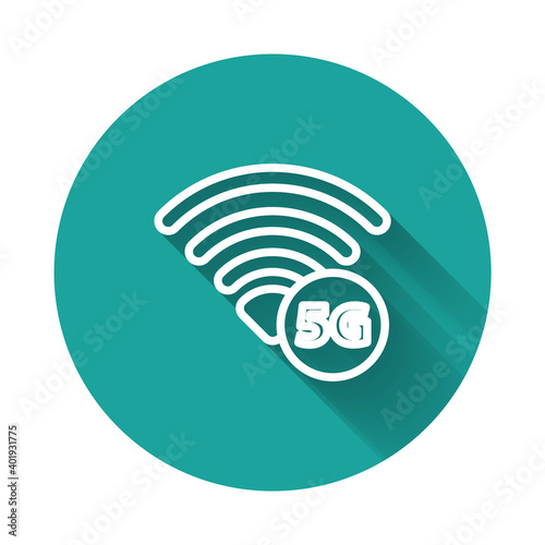 White line 5G new wireless internet wifi connection icon isolated with long shadow. Global network high speed connection data rate technology. Green circle button. Vector.