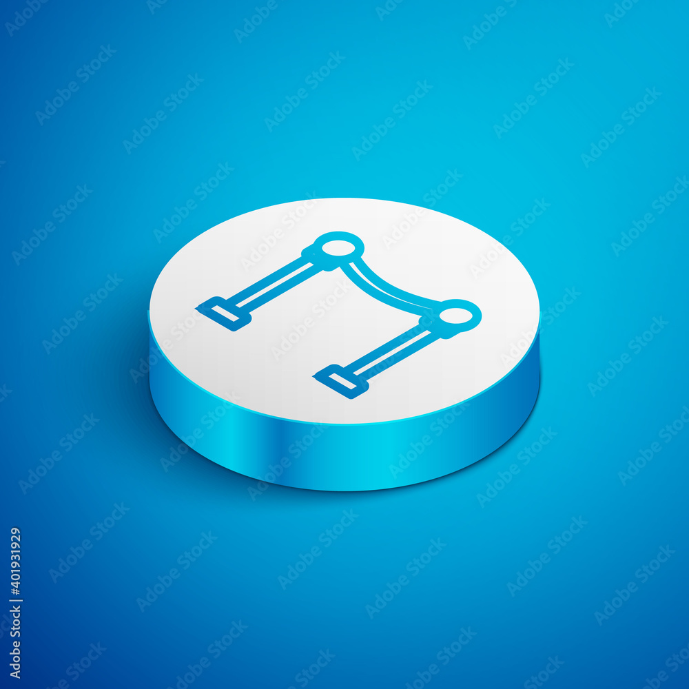 Isometric line Rope barrier icon isolated on blue background. VIP event, luxury celebration. Celebrity party entrance. White circle button. Vector. Isometric line Rope barrier icon isolated on blue background. VIP event, luxury celebration. Celebrity party entrance. White circle button. Vector.