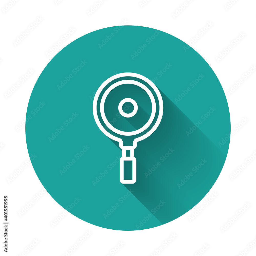 White line Frying pan icon isolated with long shadow. Fry or roast food symbol. Green circle button. Vector.