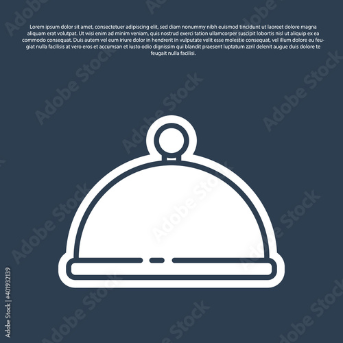 Blue line Covered with a tray of food icon isolated on blue background. Tray and lid. Restaurant cloche with lid. Kitchenware symbol. Vector.