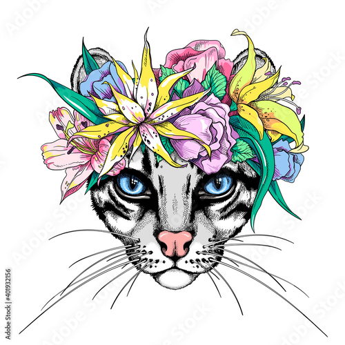 Cute cartoon ocelot head in a floral wreath. Beautiful wild cat with flowers. Stylish image for printing on any surface