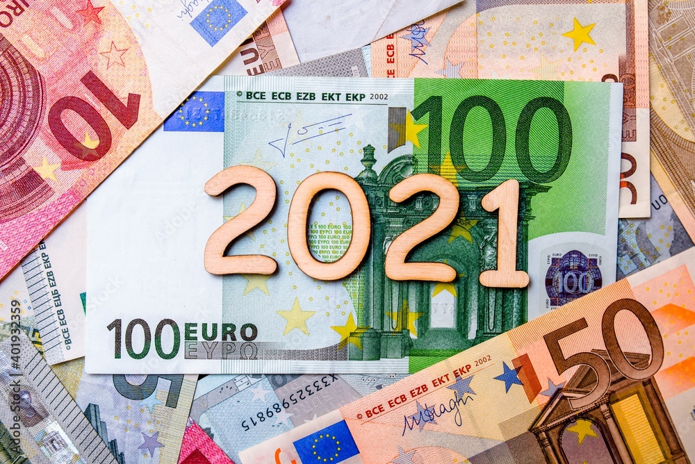 Happy new year 2021 against the background of the Euro currency Happy new year 2021 against the background of the Euro currency