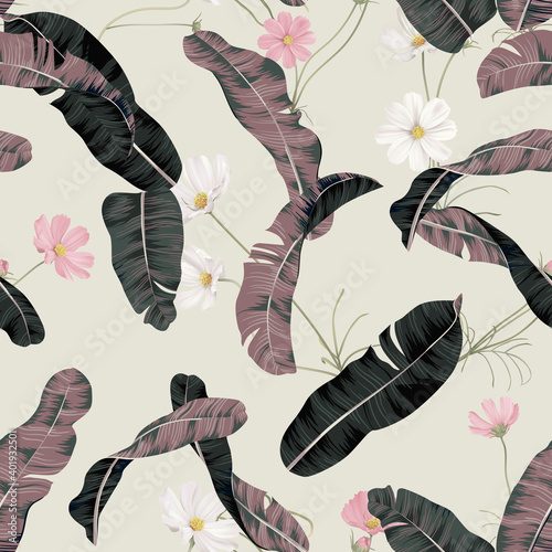 Floral seamless pattern, cosmos flowers and banana leaves on bright brown