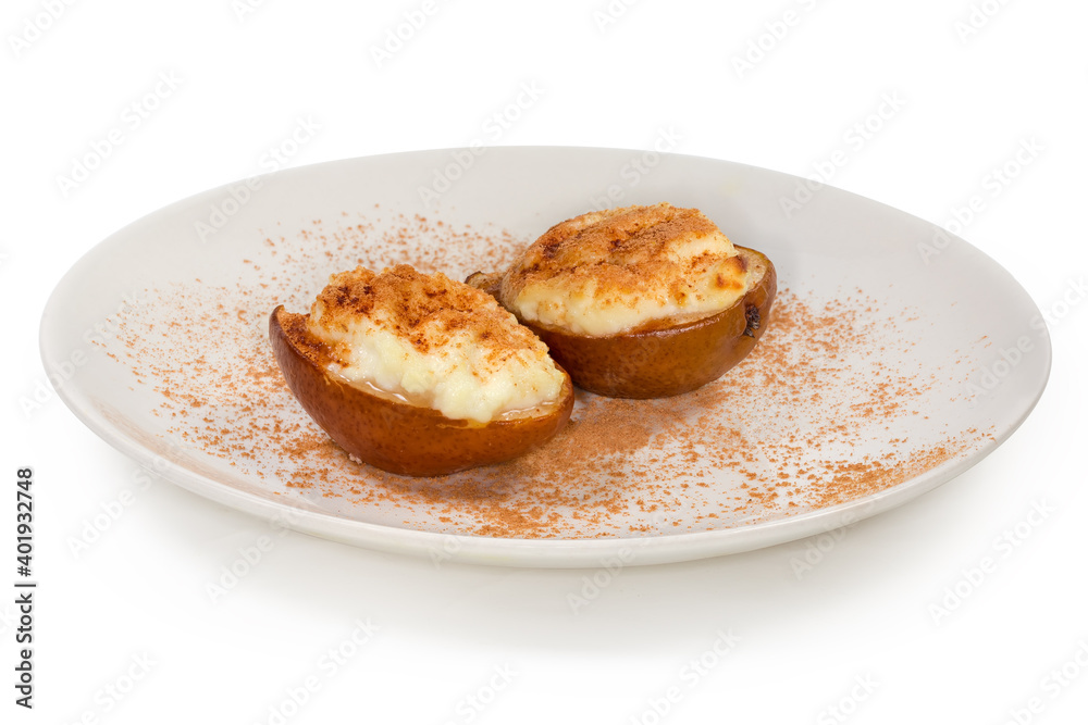 Baked pear with ricotta cheese and cinnamon powder close-up