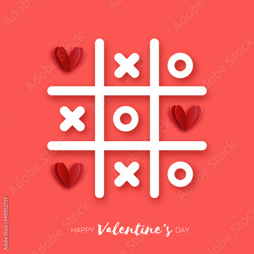Tic Tac Toe game with Red hearts. Love Romantic holiday. Space for text. February 14.
