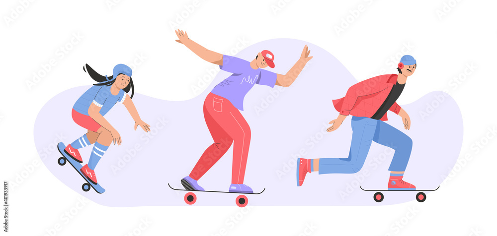 People riding skateboard isolated persons