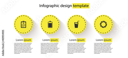 Set Clinical record, Battery, Glass with water and Camera shutter. Business infographic template. Vector.