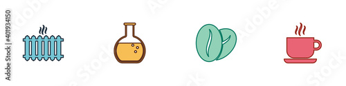 Set Heating radiator, Test tube and flask, Coffee beans and cup icon. Vector.