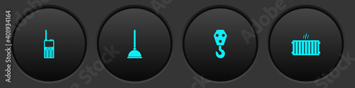 Set Walkie talkie, Rubber plunger, Industrial hook and Heating radiator icon. Vector.