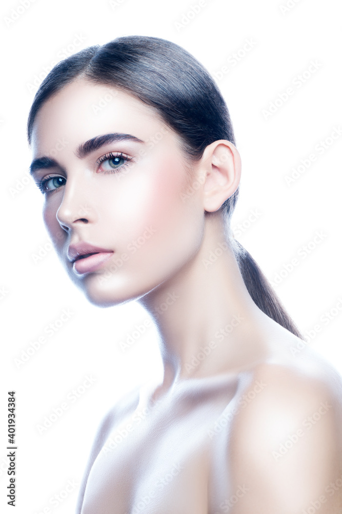 Beauty portrait of a woman with skin healthy and clean, isolated, white background Beauty portrait of a woman with skin healthy and clean, isolated, white background