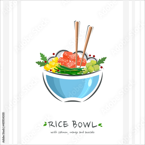 Rice bowl with tuna, salmon, mango and avocado. Healthy food design template. Illustration with chopstick and poke bowl 