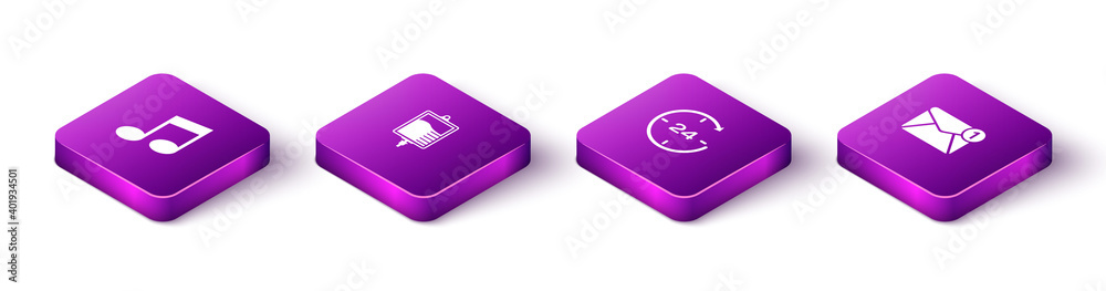Set Isometric Music note, tone, IV bag, Clock 24 hours and New, email incoming message icon. Vector. Set Isometric Music note, tone, IV bag, Clock 24 hours and New, email incoming message icon. Vector.