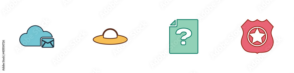 Set Cloud mail server, UFO flying spaceship, Unknown document and Police badge icon. Vector. Set Cloud mail server, UFO flying spaceship, Unknown document and Police badge icon. Vector.