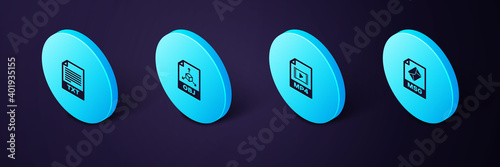 Set Isometric MSG file document, MP4, OBJ and TXT icon. Vector.
