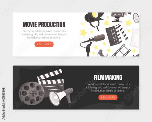 Movie Production Landing Page Templates Set, Cinematography, Filmmaking Website Interface Flat Vector Illustration