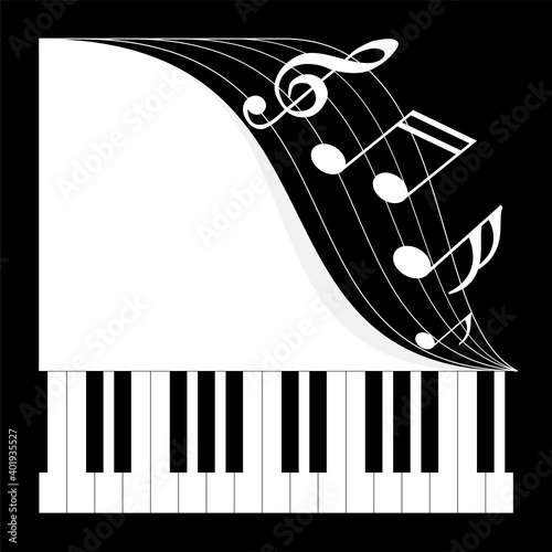 Musical instrument, white grand piano with notes, postcard on a black background.