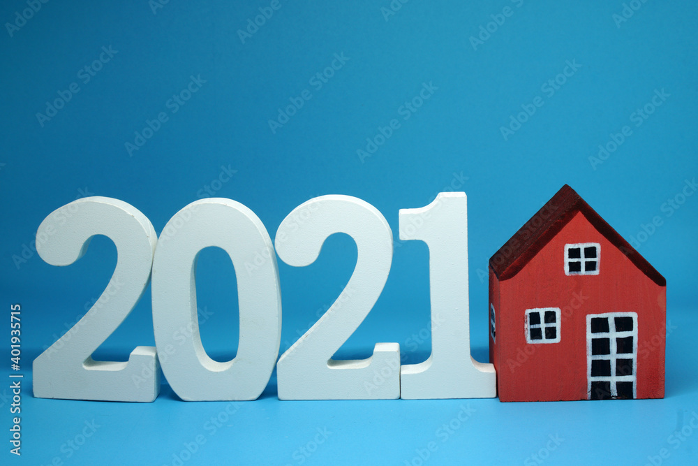 Mockup House 2021 on ฺBlue background - new year trend 2021 - blue pattern business concept of Real Estate, Home Property for Sale and rent - copy space