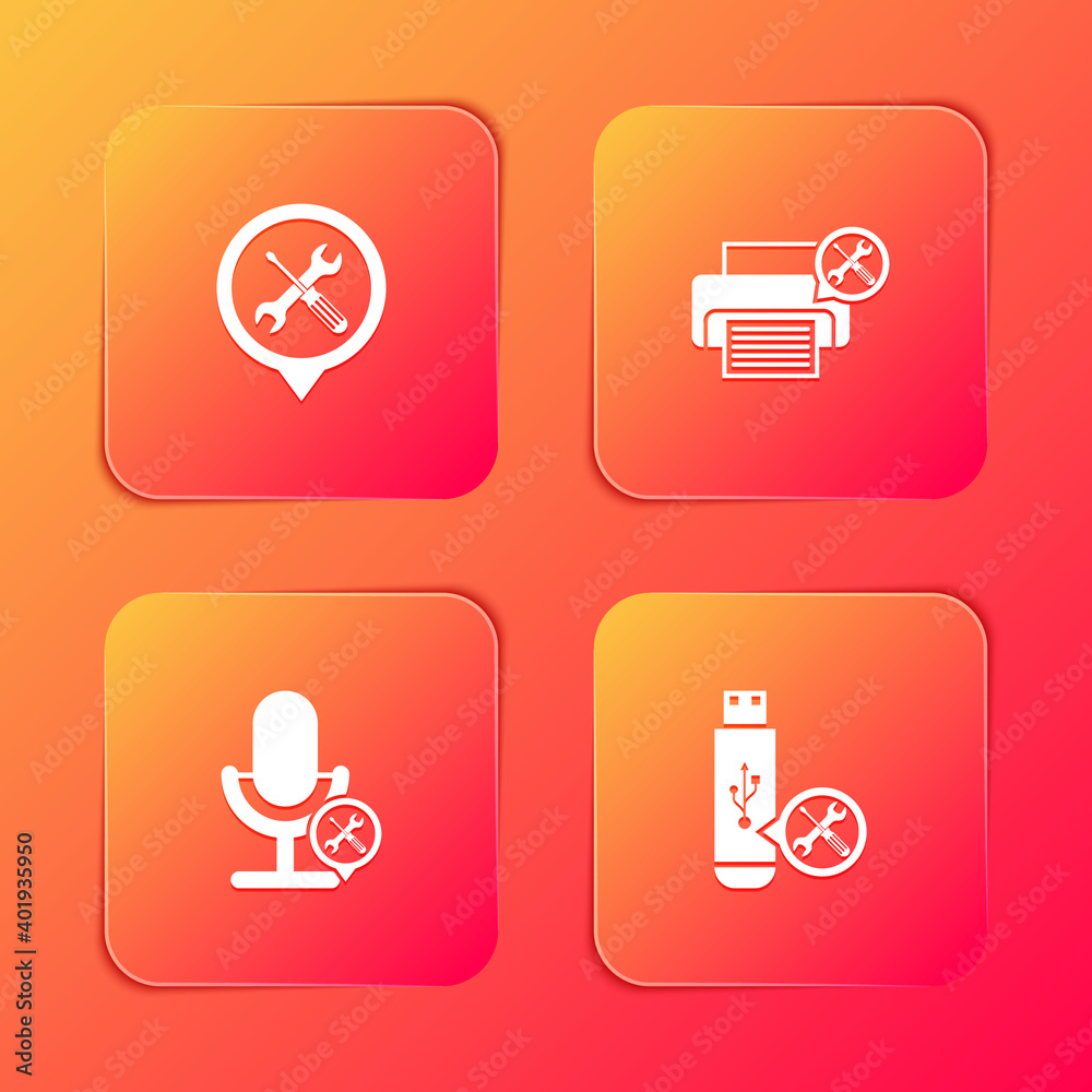 Set Location service, Printer, Microphone and USB flash drive icon. Vector. Set Location service, Printer, Microphone and USB flash drive icon. Vector.