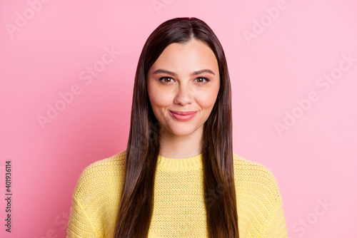 Photo of adorable cute young lady wear casual yellow outfit smiling isolated pastel pink color background © deagreez