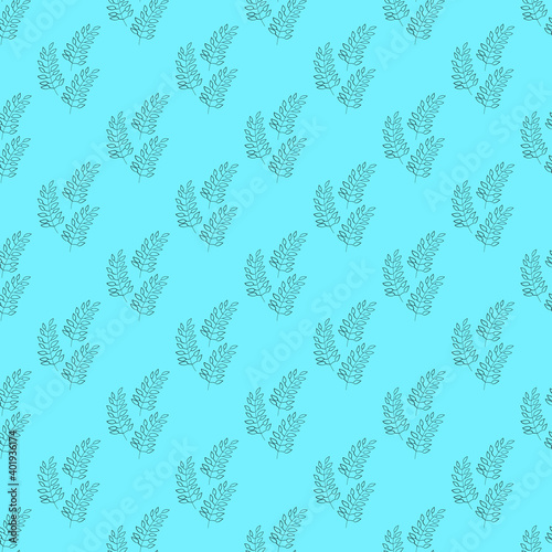 Seamless pattern with black  leaves on a blue background. Suitable for fabric, wrapping paper, wallpaper, bags, clothes, dishes, cases on smartphones and tablets, wallets.