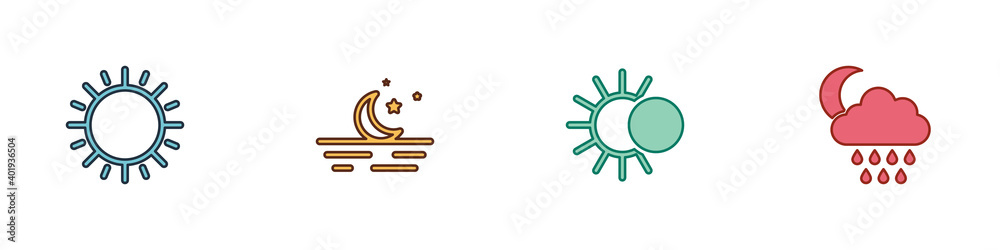 Set Sun, Moon and stars, Eclipse of the sun and Cloud with rain moon icon. Vector.