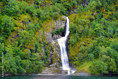 The Geiranger Fjord summer views from the cruise. Waterfall in the Geiranger Fjord  Sunnmore region of More og Romsdal county  Norway
