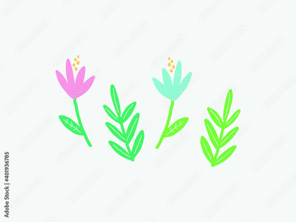 Flower graphic design. Vector set of floral elements with hand drawn flowers. Collection set of doodle floral elements. Modern botany set.