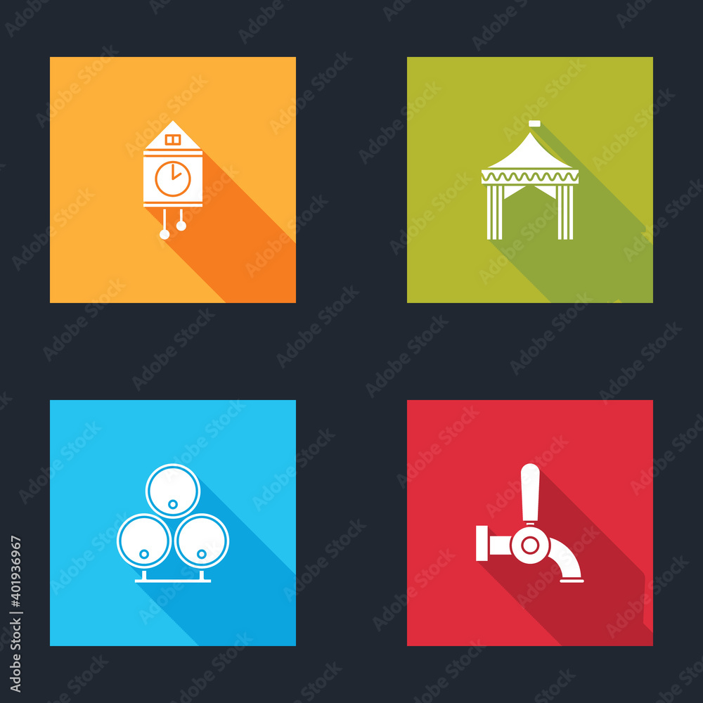 Set Retro wall watch, Camping tent, Wooden barrels and Beer tap icon. Vector. Set Retro wall watch, Camping tent, Wooden barrels and Beer tap icon. Vector.