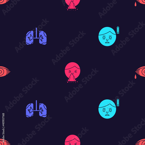 Set Fatigue, Lungs, Handkerchief to his runny nose and Reddish eye allergic conjunctivitis on seamless pattern. Vector.