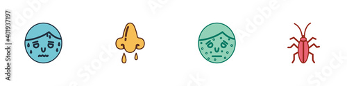 Set Man with excessive sweating, Runny nose, Face psoriasis or eczema and Cockroach icon. Vector.