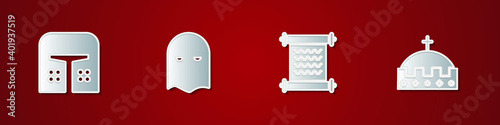 Set Medieval iron helmet, Executioner mask, Decree, parchment, scroll and King crown icon. Vector.