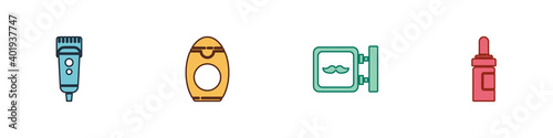 Set Electrical hair clipper or shaver, Bottle of shampoo, Barbershop and Beard and mustaches care oil bottle icon. Vector.