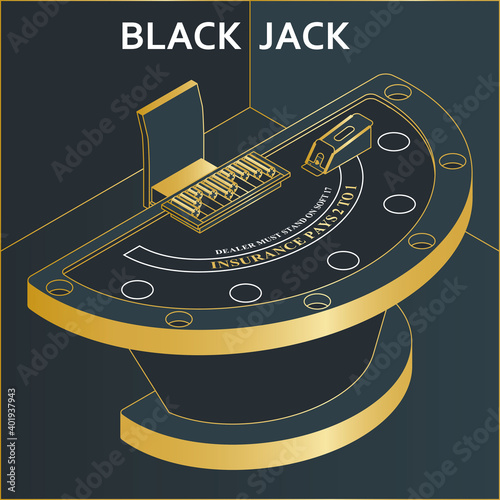 Casino black jack table in isometric flat style. Chips and card deck