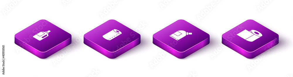 Set Isometric Fabric softener, Paper towel roll, Bottles for cleaning agent and Toilet paper icon. Vector. Set Isometric Fabric softener, Paper towel roll, Bottles for cleaning agent and Toilet paper icon. Vector.