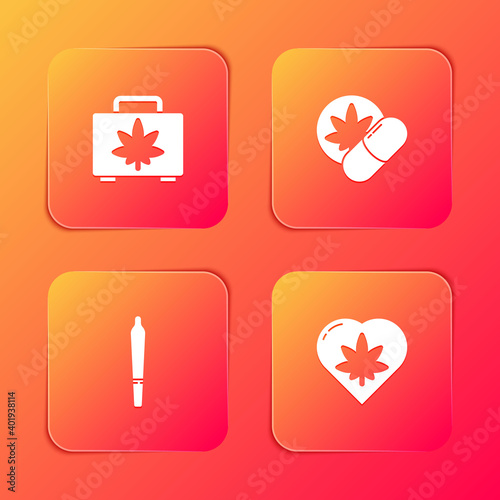 Set Shopping box of marijuana, Herbal ecstasy tablets, Marijuana joint and leaf heart icon. Vector.